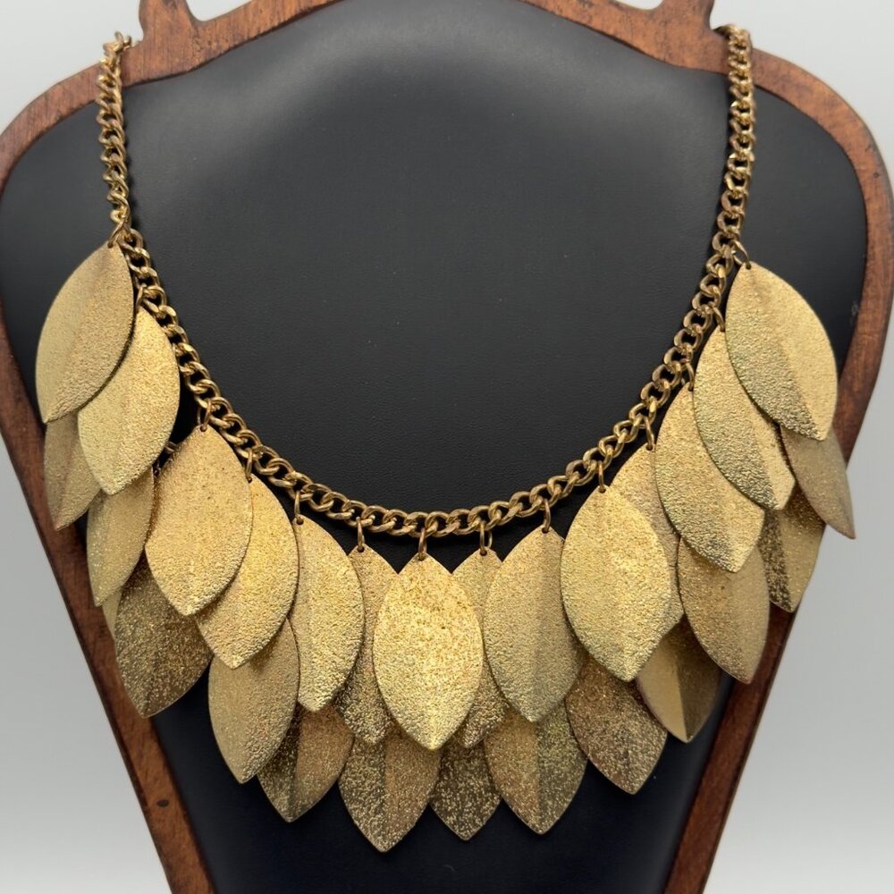 Gold Tone Layered Sparkle Gold Leaf Shaped Statement Necklace Textured NOTE